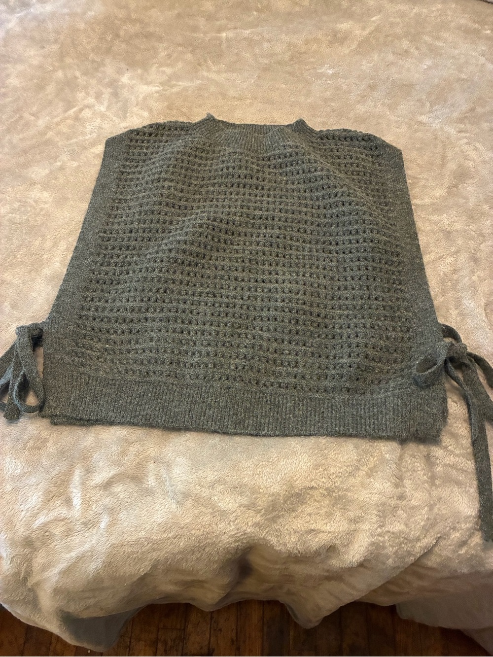 Max Studio Olive Green Open-Knit Crew Sweater with Side Ties